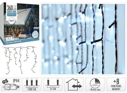 Svetelná reťaz Padajúci dážď 12 m, 360 LED, studená biela, 12 m