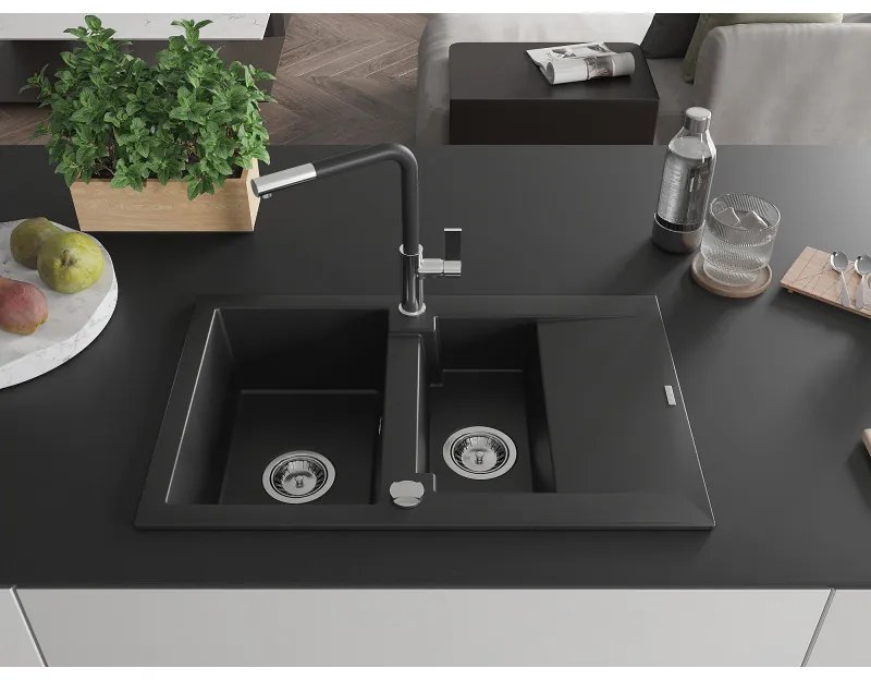 Mexen Gaspar, 1,5-komorový granitový drez 737x475x177 mm a drezová batéria Flora, čierna, 6507-77-670401-07