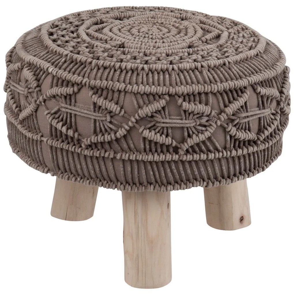 Bavlnený sedák macramé taupe na drevených nôžkach - Ø 40 * 30cm