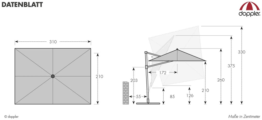 Doppler ACTIVE 310  x 210 cm - moderný slnečník s bočnou nohou svetlo šedá (kód farby 827)