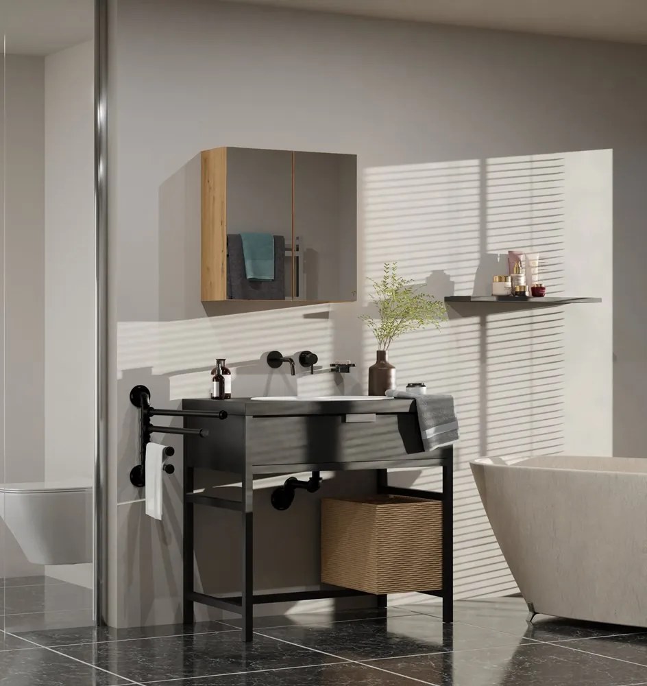 Závesná kúpeľňová skrinka POLA 60 cm so zrkadlom dub artisan