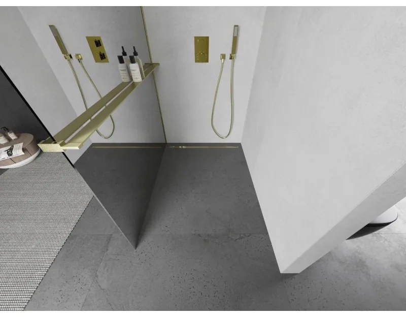 Mexen Kioto+ L, sprchová zástena Walk-In s poličkou a vešiakom 80 x 200 cm, 8mm sklo vzor zrkadlo, zlatý matný profil, 800-080-123-55-50