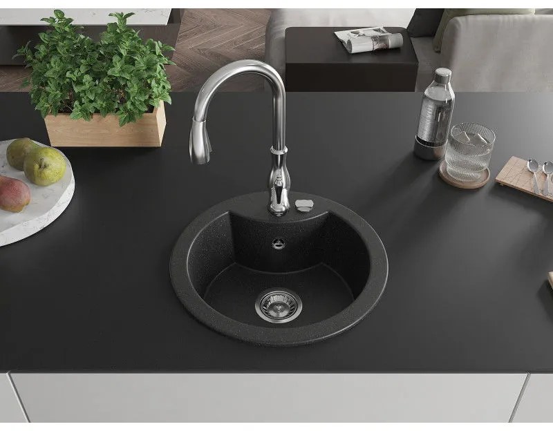 Mexen Diego, 1-komorový granitový drez 488x488x167 mm a drezová batéria Savita, čierna-strieborná metalíza, 6512-73-672601-00