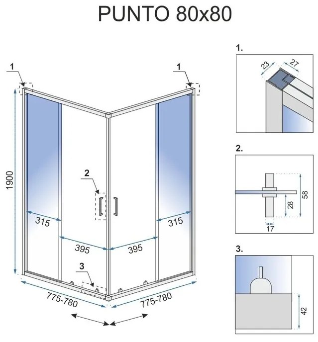 Rea Punto, sprchový kút s posuvnými dverami 80(dvere) x 80(dvere) x 190 cm, 5mm číre sklo, čierny profil + biela sprchová vanička Savoy, KPL-K1012