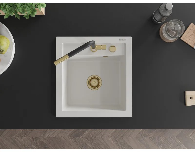Mexen Vito, 1-komorový granitový drez 490x520x210 mm a drezová batéria Flora, biela, 6503-20-670401-57-G