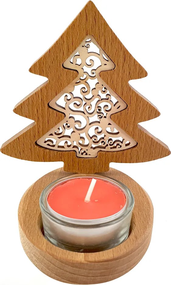 AMADEA Drevený svietnik stromček s vkladom - ornament, masívne drevo, výška 10 cm
