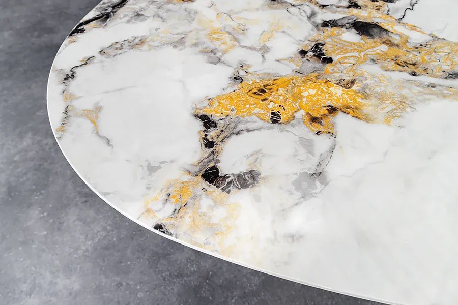 Jedálenský stôl SCULPTURE 280 cm oválny bronzový rám s keramickou doskou, viacfarebný mramorový vzhľad