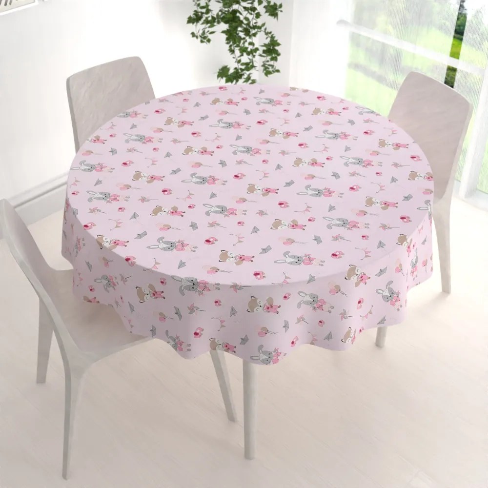 Biante Detský bavlnený okrúhly obrus Sandra SA-466 Zajačikovia a líšky s balónikmi na ružovom Ø 80 cm