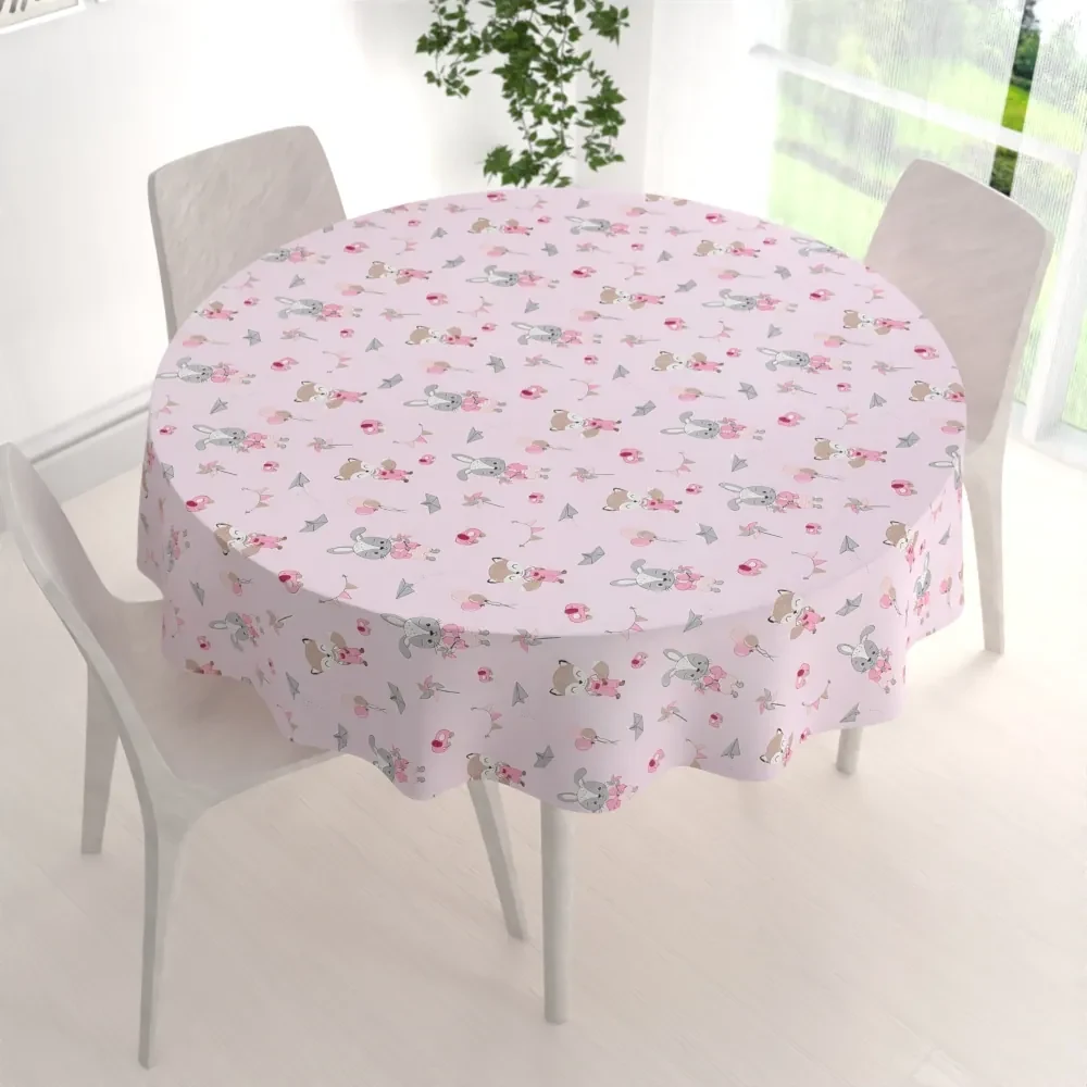 Biante Detský bavlnený okrúhly obrus Sandra SA-466 Zajačikovia a líšky s balónikmi na ružovom Ø 90 cm