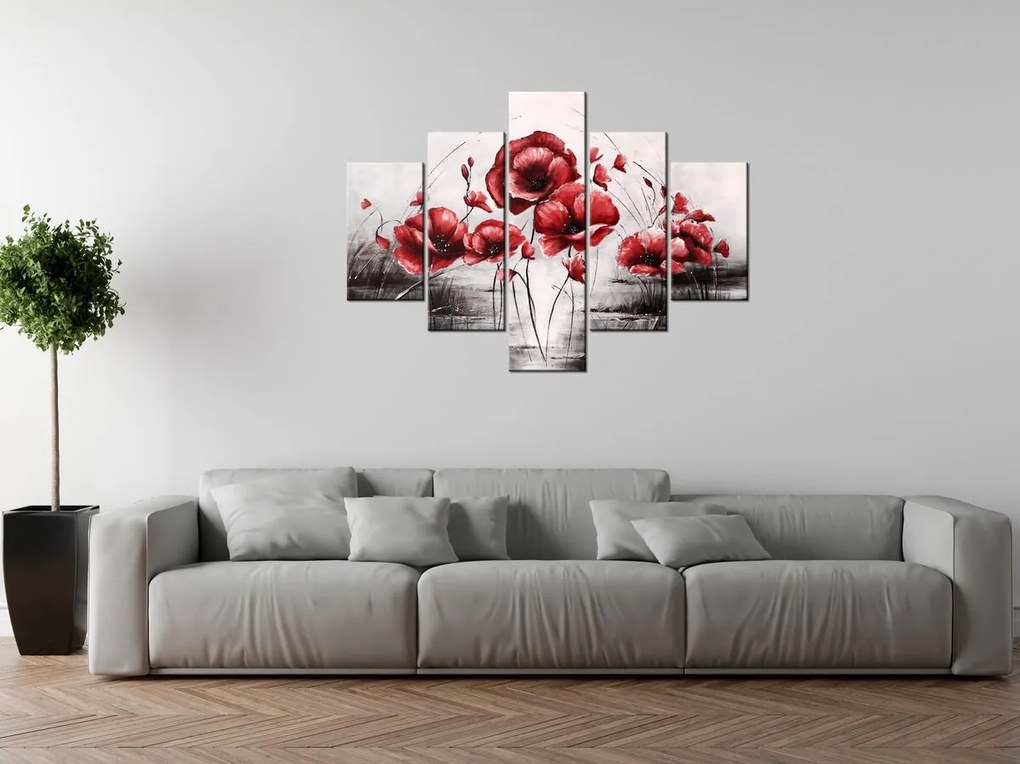 Gario Ručne maľovaný obraz Červené Vlčie maky - 5 dielny Rozmery: 100 x 70 cm
