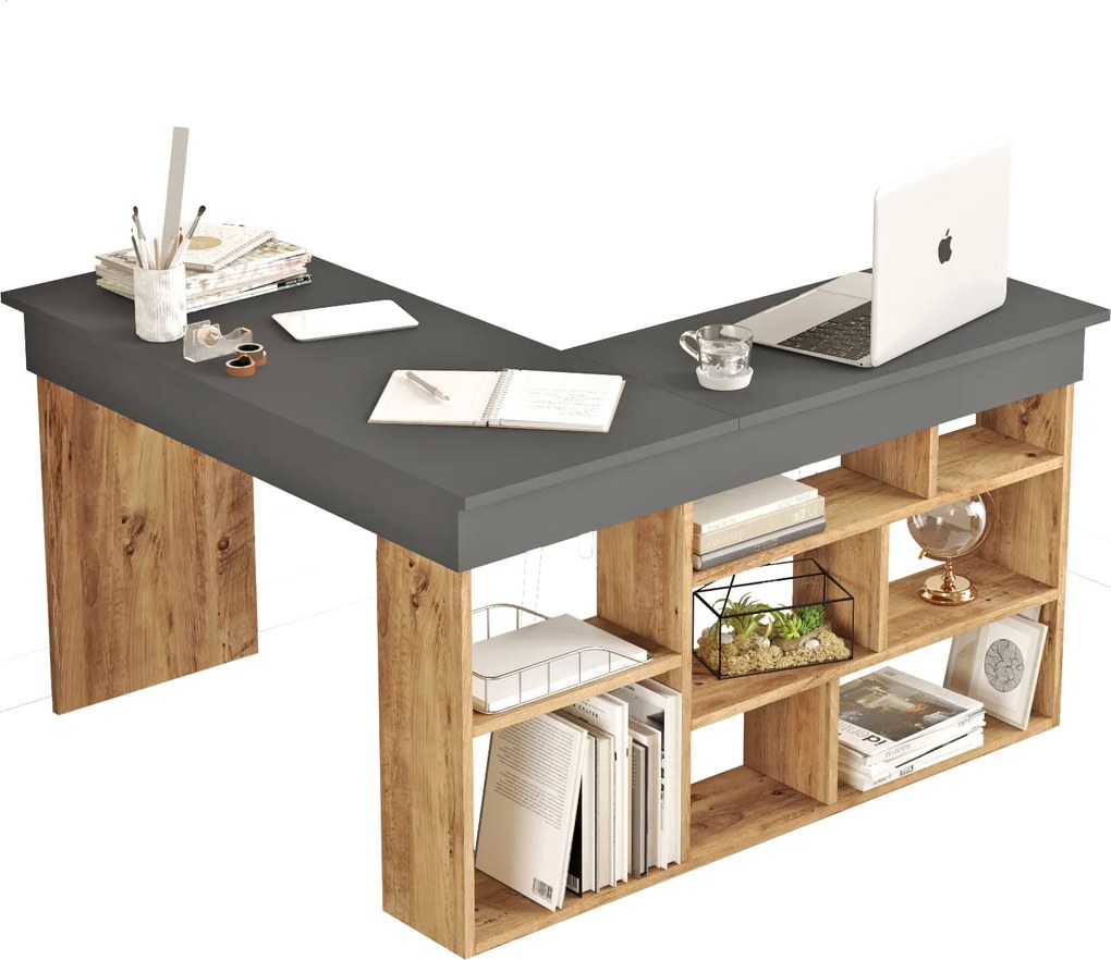 Rohový písací stôl Houseland Rex borovica Atlantic/antracitovo sivý