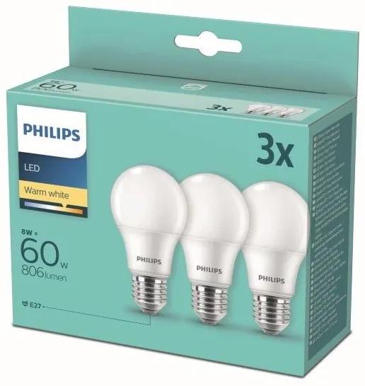 Philips 8718699775490 Žiarovka Philips LED E27, 8W, 806lm, 2700K, biela, 3 ks v balení