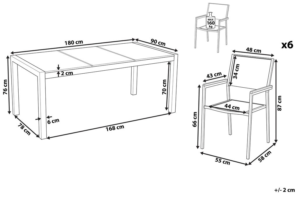 Záhradná sada pre 6 osôb sklenená doska 180 x 90 cm a béžové stoličky GROSSETO Beliani