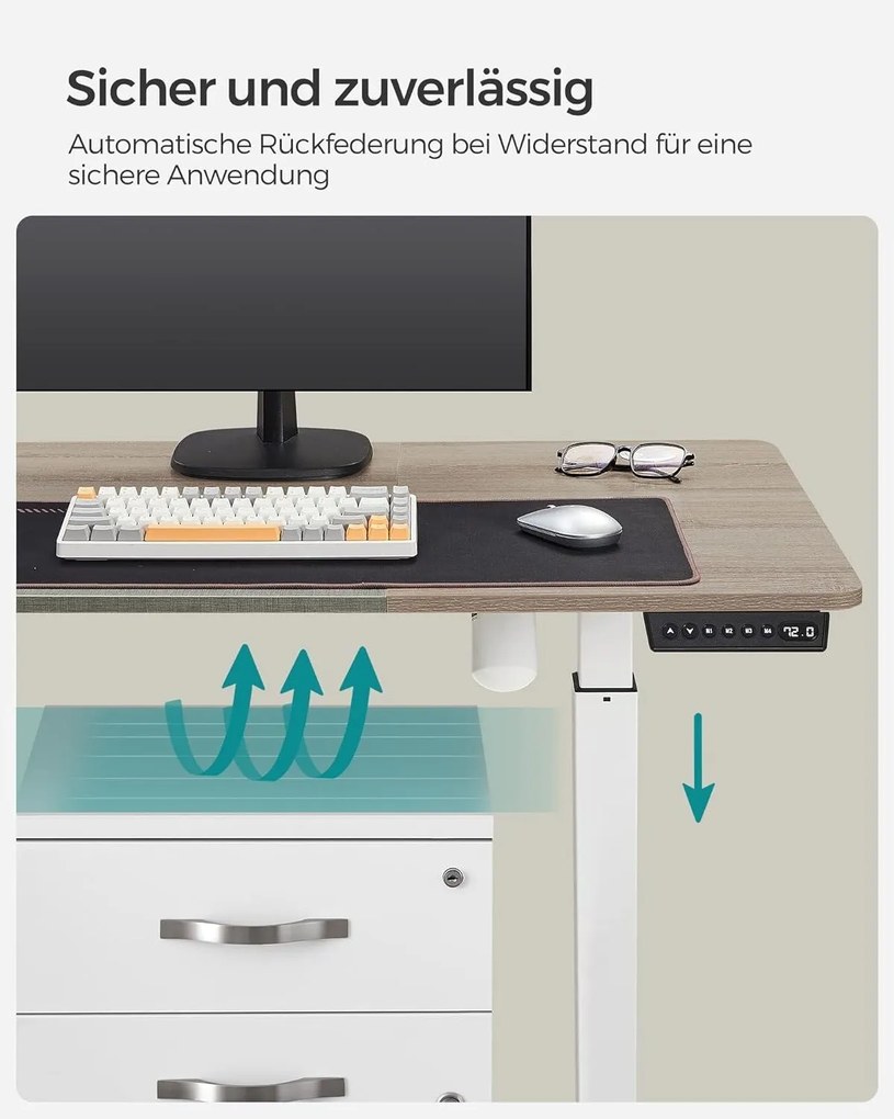 Výškovo nastaviteľný elektrický stôl, písací stôl, biela a sivá farba, 60 x 140cm