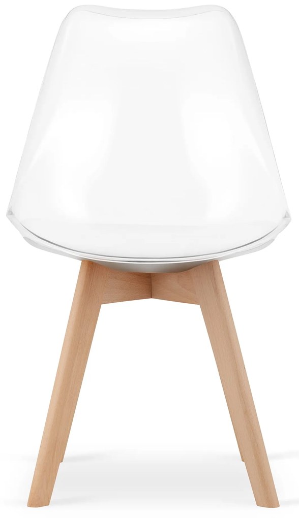 Jedálenský set 1 + 4, biely stôl ADRIA 120x80 cm + transparentné stoličky BALI MARK s bukovými nohami