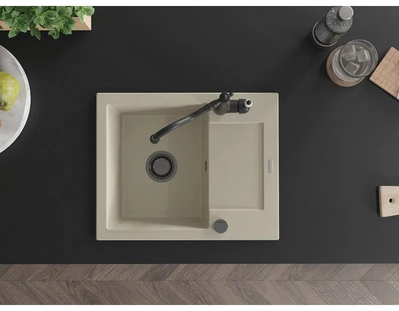 Mexen Enzo, granitový drez 576x465x174 mm, 1-komorový a drezová batéria Carla, béžová, 6506-69-670700-70