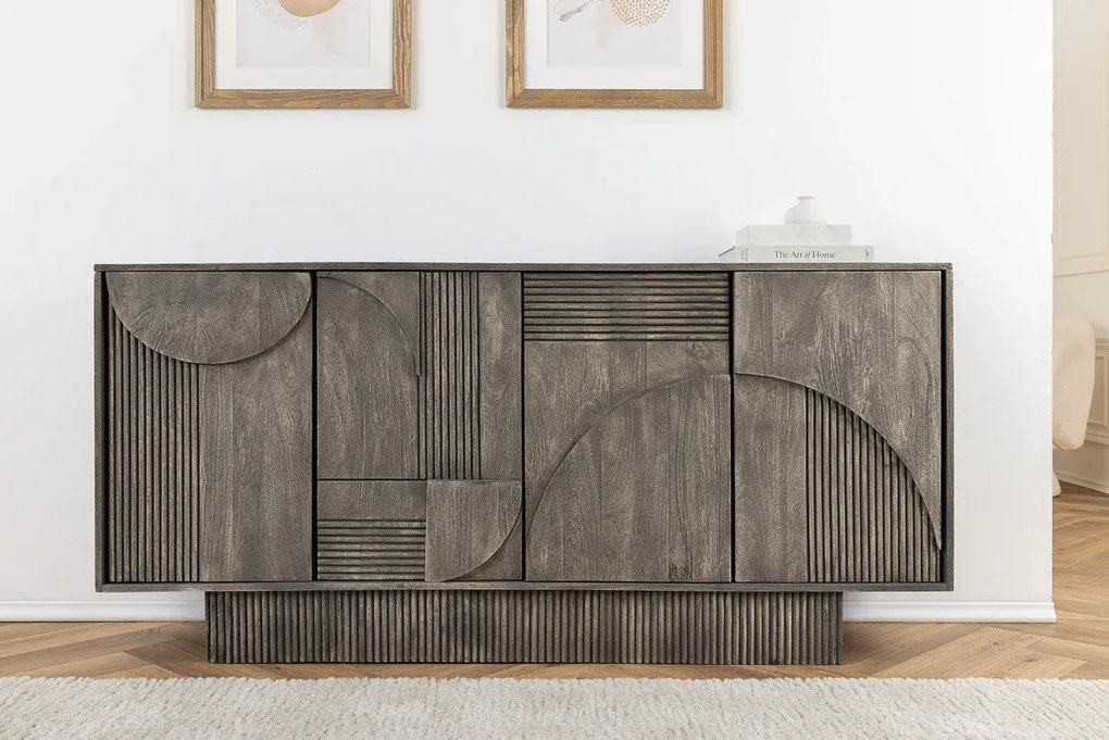 Komoda ART DECO 170 cm 3D mangové drevo, sivá