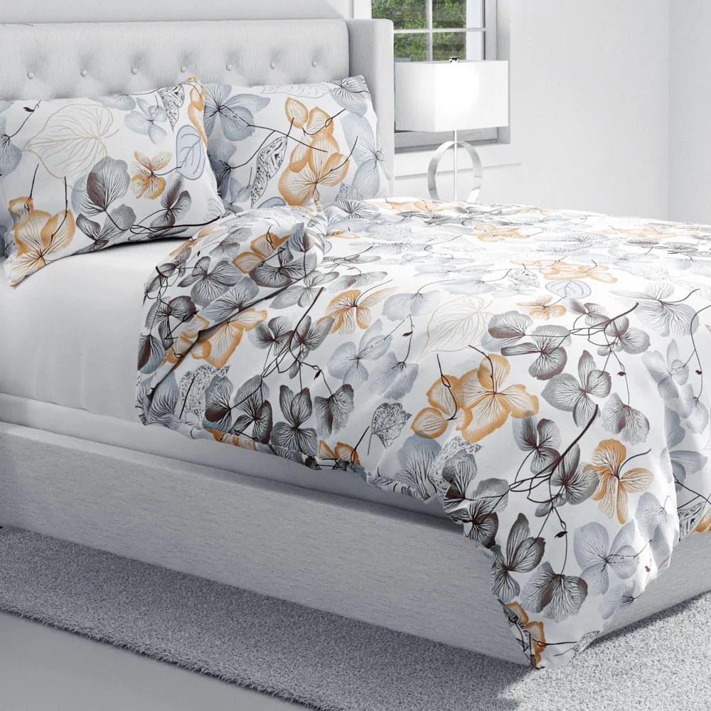Biante Bavlnené posteľné obliečky Sandra SA-367 Sivo-oranžové kvety na bielom Jednolôžko 140x200 a 70x90 cm