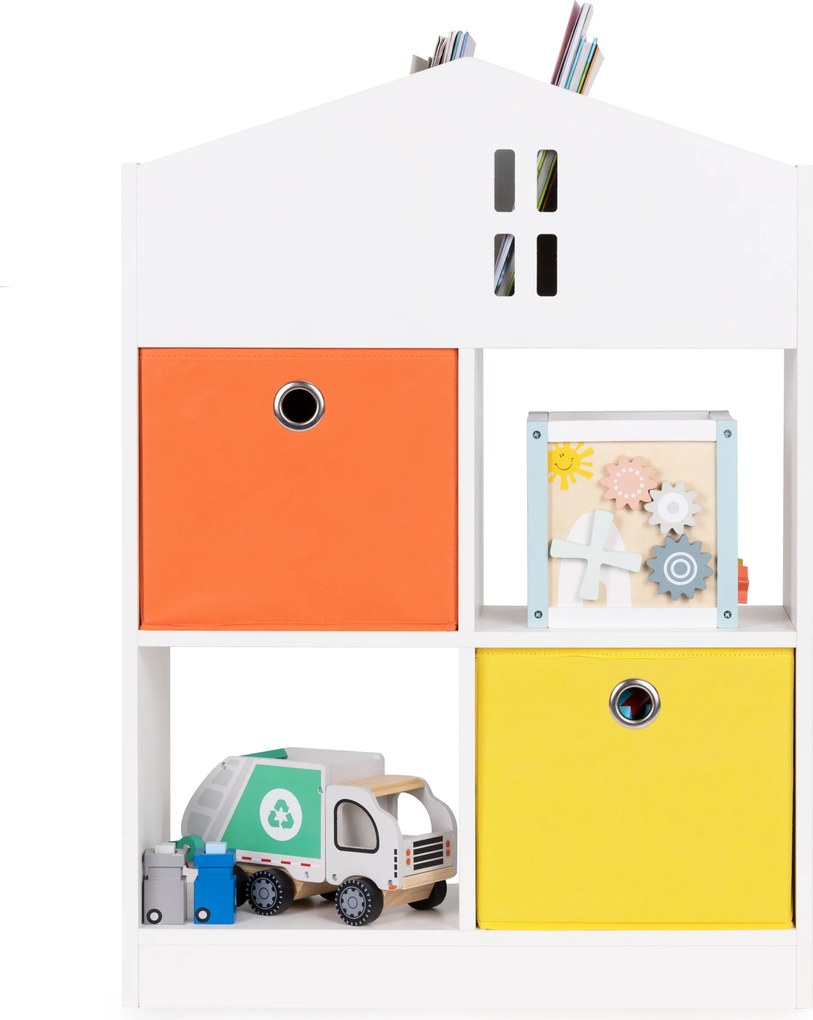 Detský regál v tvare domčeka ECOTOYS – biela polica na hračky a knihy, 2 koše