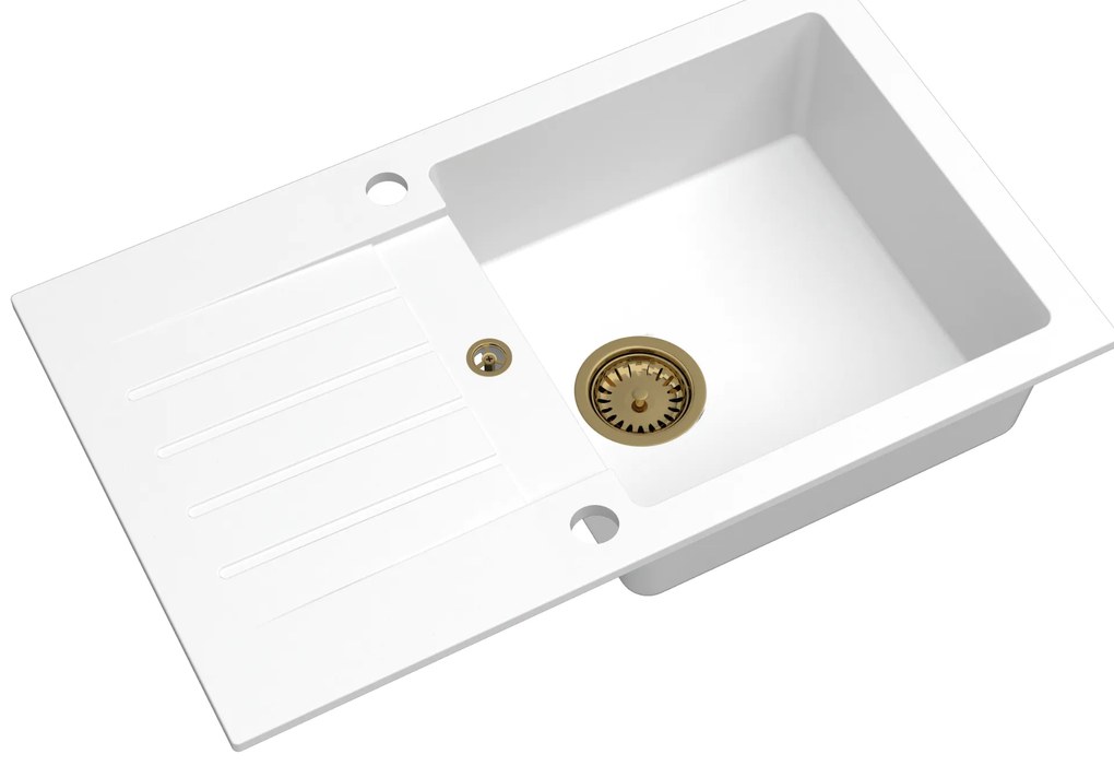 Sink Quality Natalie, kuchynský granitový drez 770x450x170 mm + zlatý sifón, biela, SKQ-NAT.W.1KDO.XG