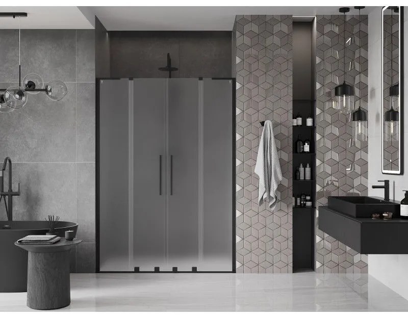 Mexen Velar L Duo, posuvné sprchové dvere do otvoru 150 cm, 8mm sklo námraza, čierna matná, 871-150-003-32-70