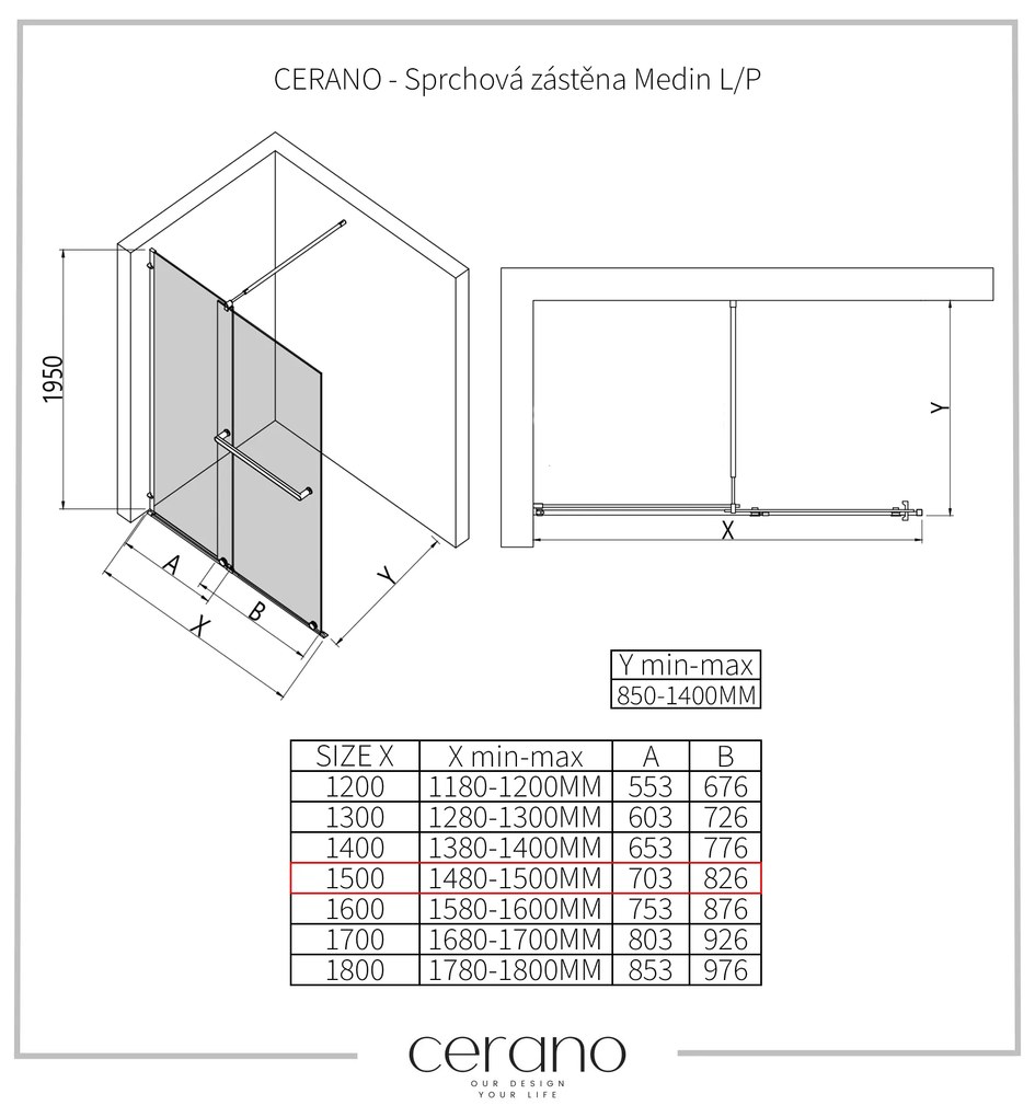 CERANO - Sprchová zástena Medin L/P - čierna matná, grafitové sklo - 150x195 cm - dvojdielna posuvná, CER-CER-478051