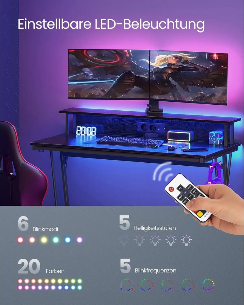 Písací stôl, herný stôl so stojanom na monitor pre 2 monitory, čierny