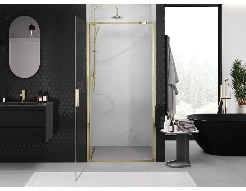 Mexen Exo, výklopné sprchové dvere 85 cm, číre sklo, zlatá, 817-085-000-50-00