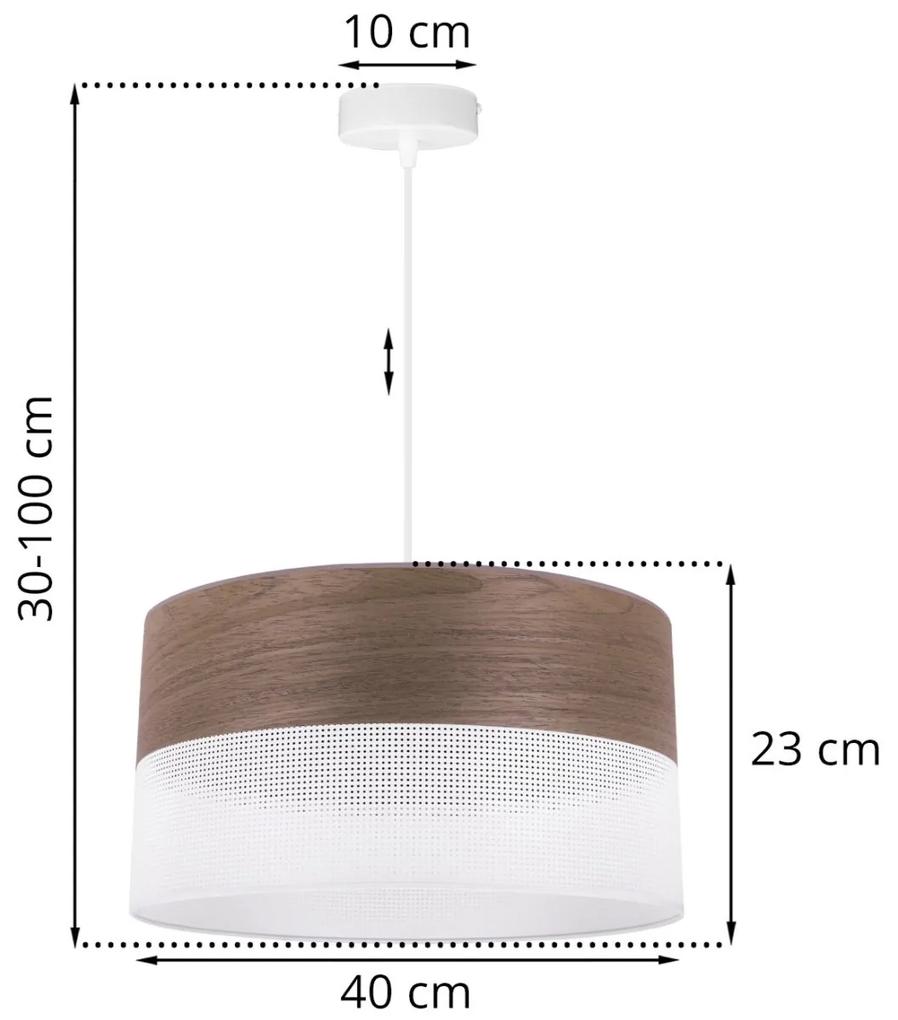Závesné svietidlo Wood, 1x hnedá orechová dýha/biele PVCové tienidlo, (fi 40cm)