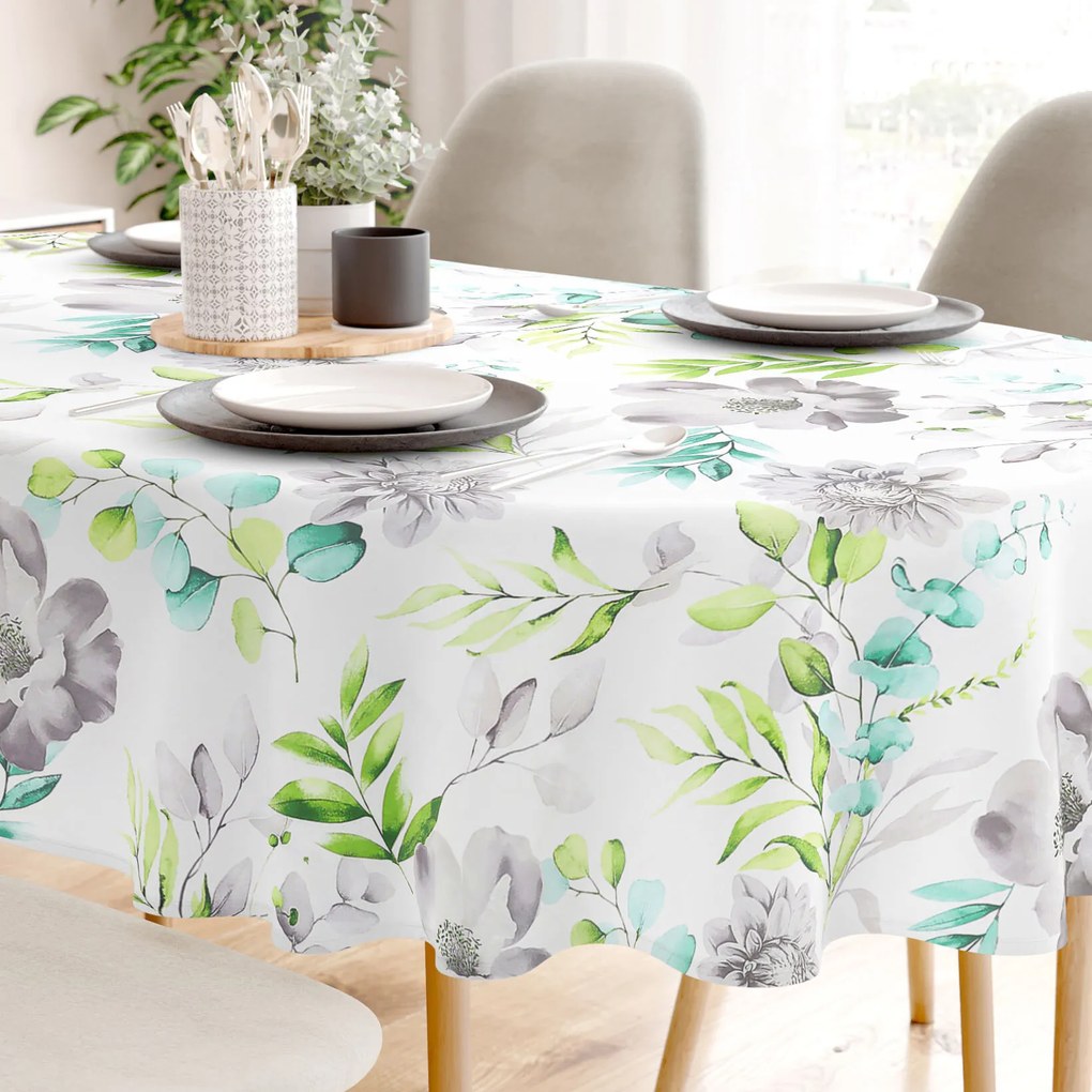 Goldea oválny obrus 100% bavlnené plátno deluxe - eukalyptus s kvety 140 x 220 cm