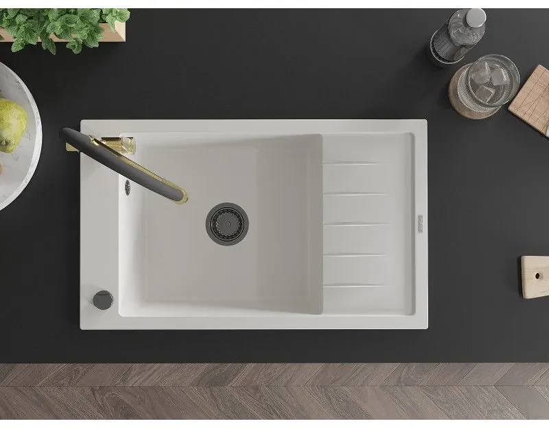 Mexen Elias, 1-komorový granitový drez 795x480x200 mm a drezová batéria Duo, biela, 6511-20-671701-57-B