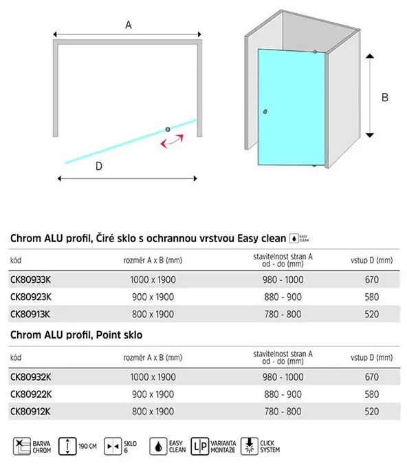 Mereo, Lima sprchové dvere pivotové 80x190 cm, chróm ALU, 6mm číre sklo, MER-CK80913K