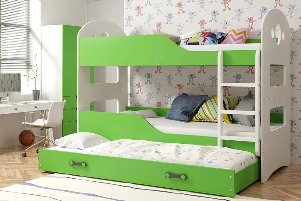 Poschodová posteľ s prístelkou DOMINIK 3 - 190x80cm Biely - Zelený