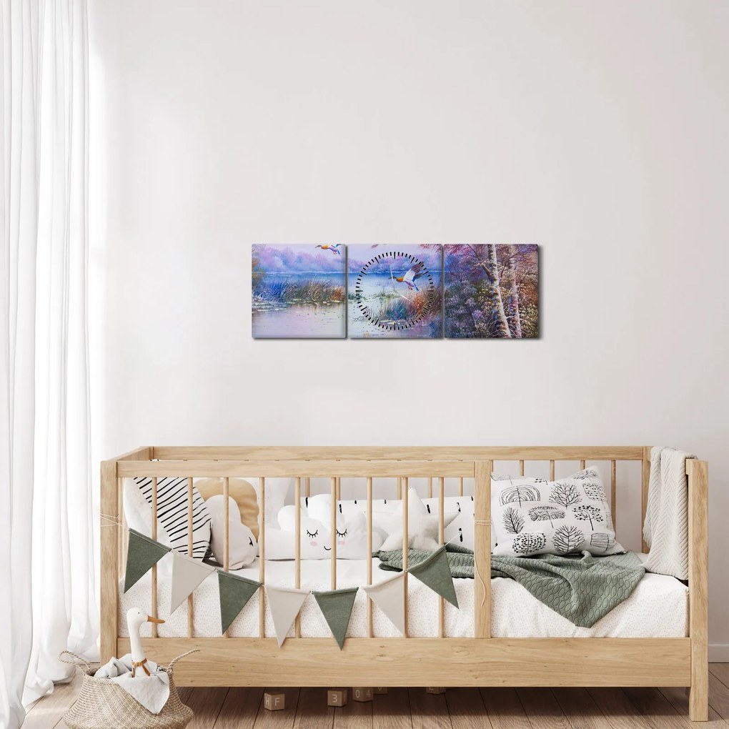 Obraz - Prichádza jeseň, olejomaľba (s hodinami) (90x30 cm)