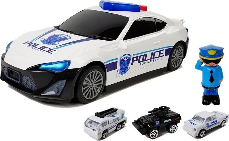 LEAN Toys Policajné auto, úschovný priestor, garáž 2 v 1, policajt, malé autíčka, zvuky, svetlá