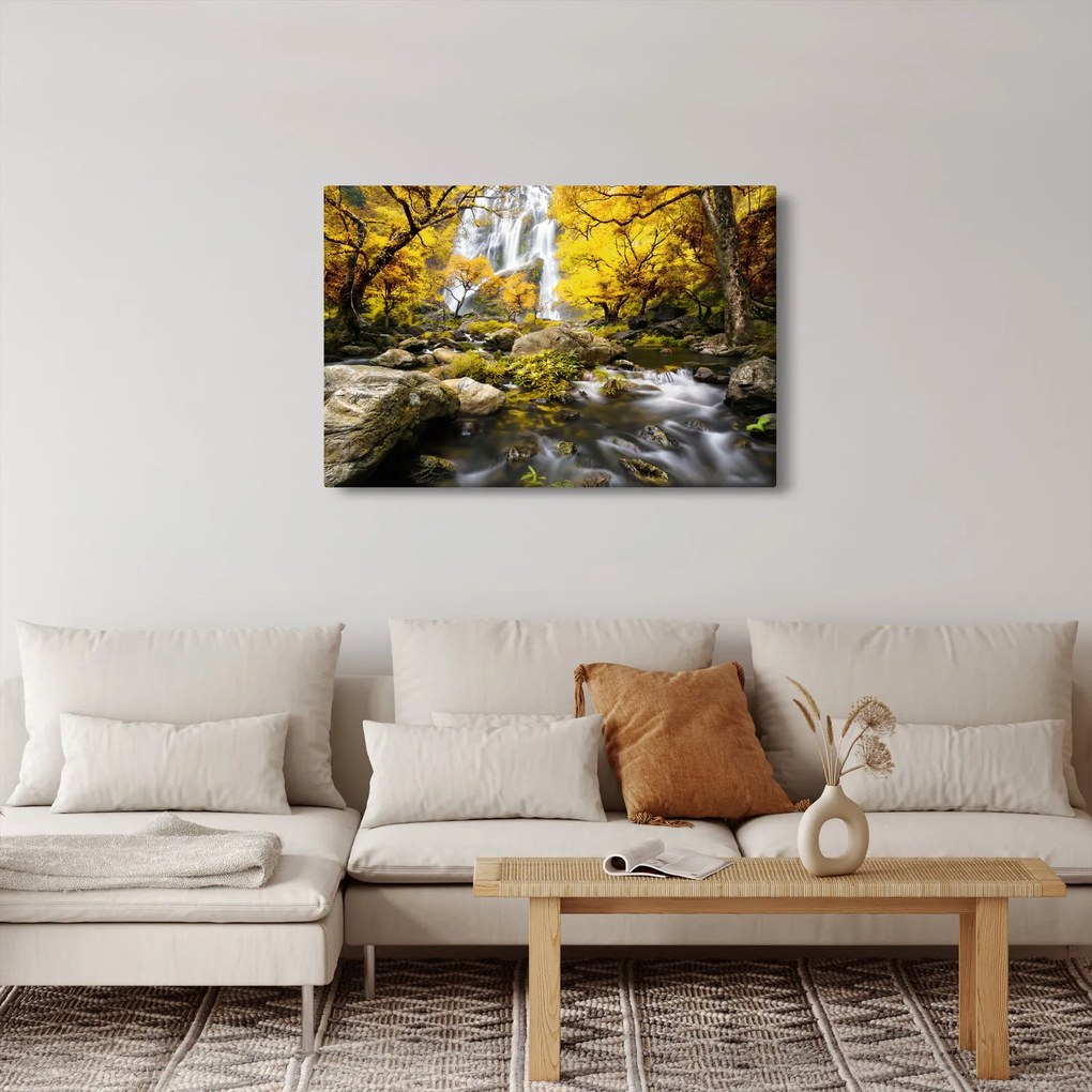 Obraz - Vodopády v jesennej krajine, žlté (90x60 cm)