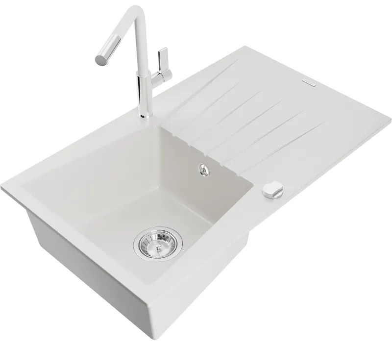 Mexen Cesar, 1-komorový granitový drez 775x470x190 mm a drezová batéria Flora, biela, 6514-20-670401-02