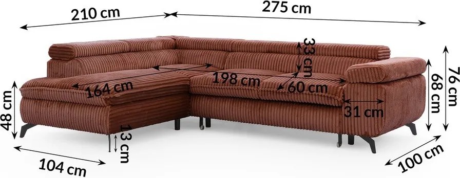 Menčestrová rohová pohovka v terakotovej farbe (ľavý roh/do L) Marbeya – Ropez