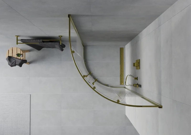 Mexen Rio, štvrťkruhový sprchovací kút s posuvnými dverami 80(dvere) x 80(dvere) x 190 cm, 6mm číre sklo s pásikmi, zlatý lesklý profil, 863-080-080-50-20