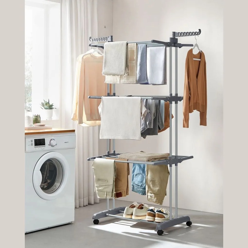 Sušiak na bielizeň ELTON so 4 úrovňami na kolieskach, 76x172x50cm, šedá SongmicsHome
