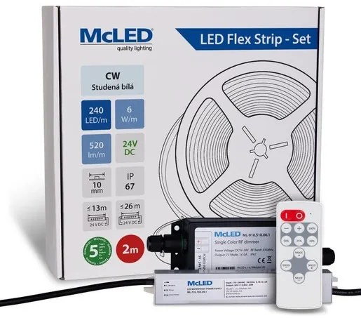 McLED LED páska - sada 2 m + Prijímač Nano IP67, 240 LED/m, CW, 6 W/m, DC 24V, 520 lm/m, CRI90, IP67, 10 mm, vodič 3 m ML-126.032.90.S02002