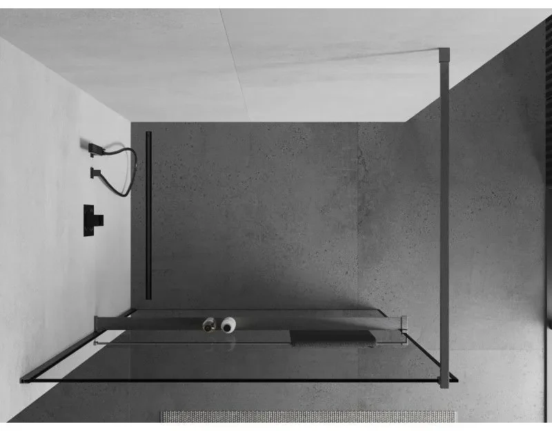 Mexen Kioto+, sprchová zástena Walk-In s poličkou a vešiakom 110 x 200 cm, 8mm číre sklo čierny vzor, grafitový profil, 800-110-121-66-70