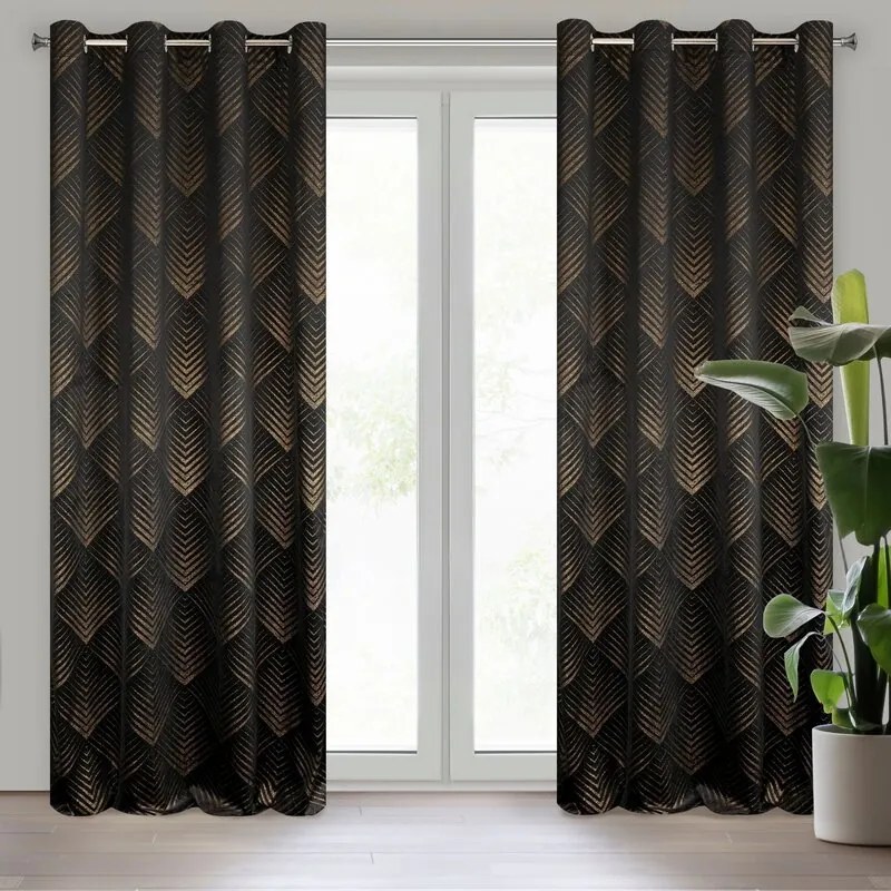 DECOREUM Mäkký záves z lesklého zamatu zdobený zlatou potlačou s geometrickým vzorom 140 cm x 250 cm čierna 100 % polyester Rozmer varianty: 140 cm x 250 cm, Farba varianty: čierna 98899