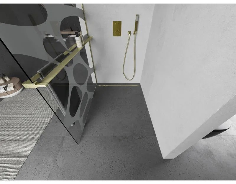 Mexen Kioto+ L, sprchová zástena Walk-In s poličkou a vešiakom 80 x 200 cm, 8mm číre sklo biely vzor, zlatý matný profil, 800-080-123-55-97