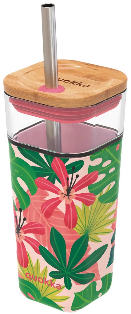 Sklenený cestovný hrnček so slamkou Liquid Cube Pink Jungle Flora 540 ml