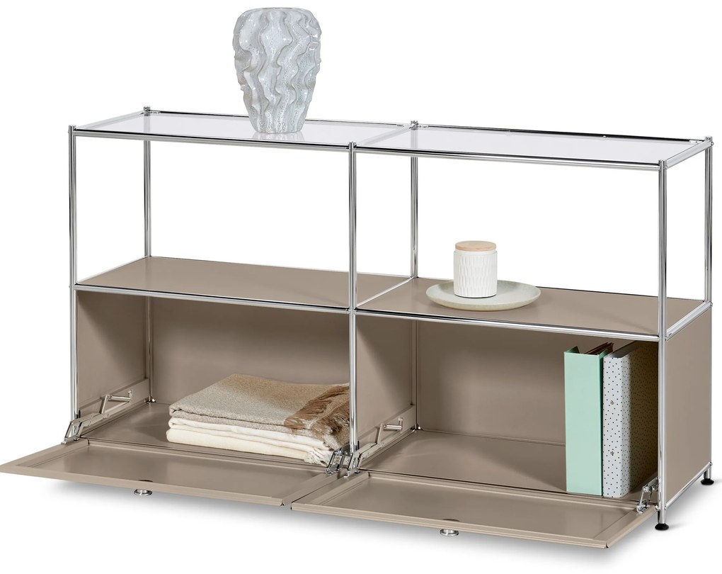 Kovová odkladacia skrinka »CN3« s 2 výklopnými dvierkami a sklenými poličkami, tmavošedá