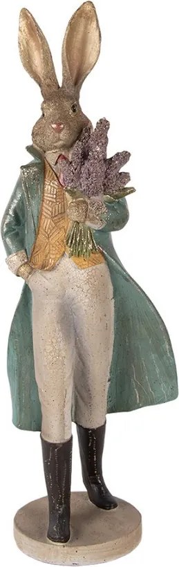 Dekorácia zajac elegán s kyticou v ruke a zlatou patinou - 17*15*53 cm