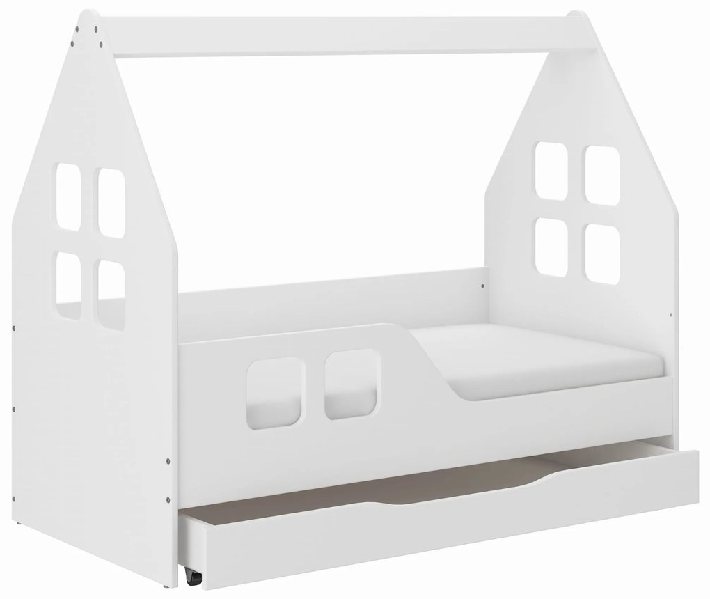 Detská domčeková posteľ KIDHOUSE so zásuvkou - biela - ľavá - 140x70 cm