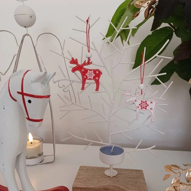 DECOLED Sada drevených ozdôb sobov 5 × 6 cm, červená a biela farba, 12 ks/balenie.