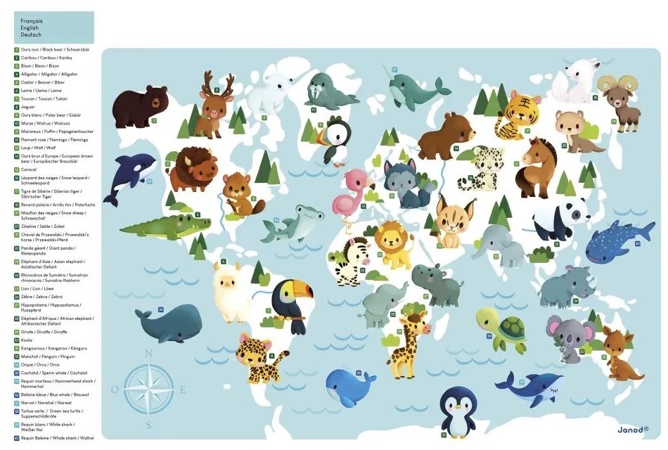 Magnetická mapa sveta - Kde žijú zvieratká - 40 ks